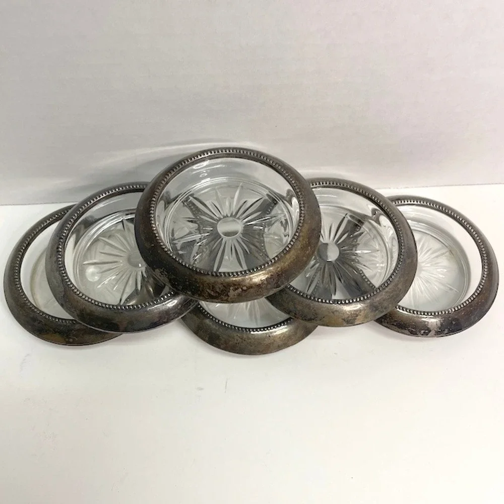 Vtg Sterling Silver Rim Glass Coasters Starburst Base Lot of 6 Frank M Whiting
